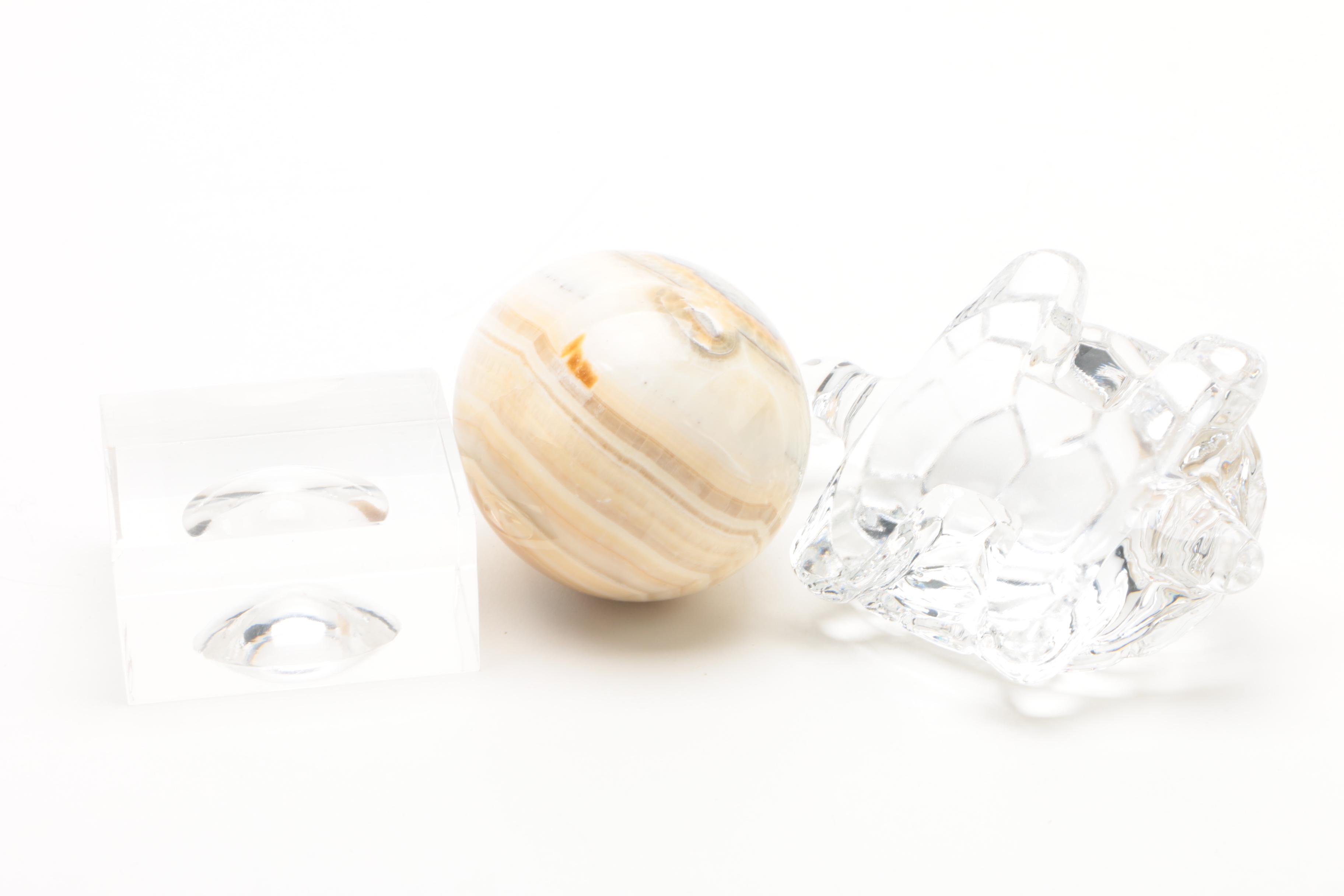 Glass Vase, Ceramic Penguin, Crystal Turtle and Banded Calcite Egg with Stand