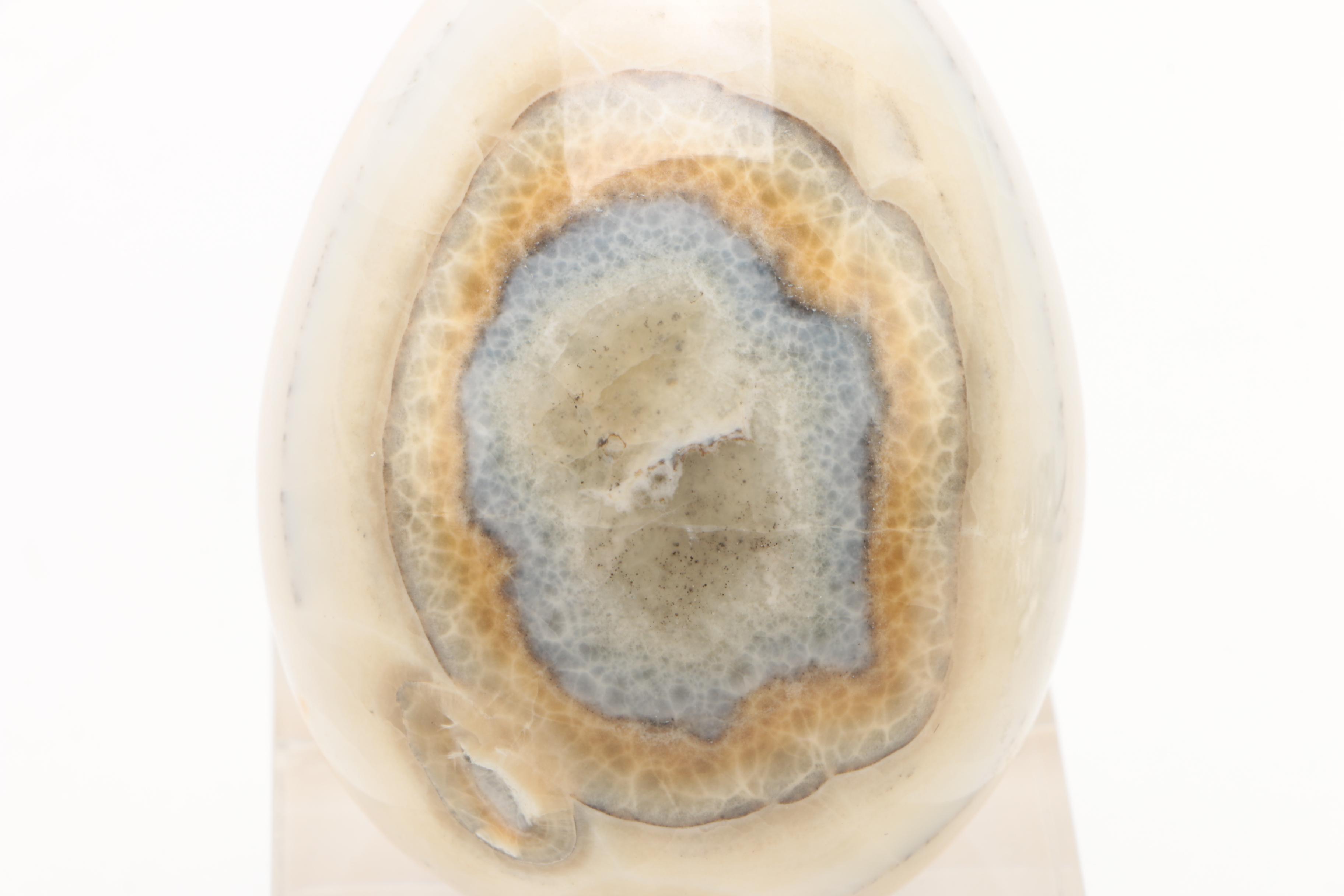 Glass Vase, Ceramic Penguin, Crystal Turtle and Banded Calcite Egg with Stand