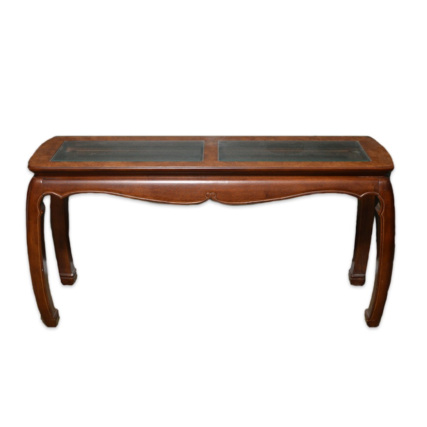 Chinese Inspired Glass Top Mixed Wood Console Table