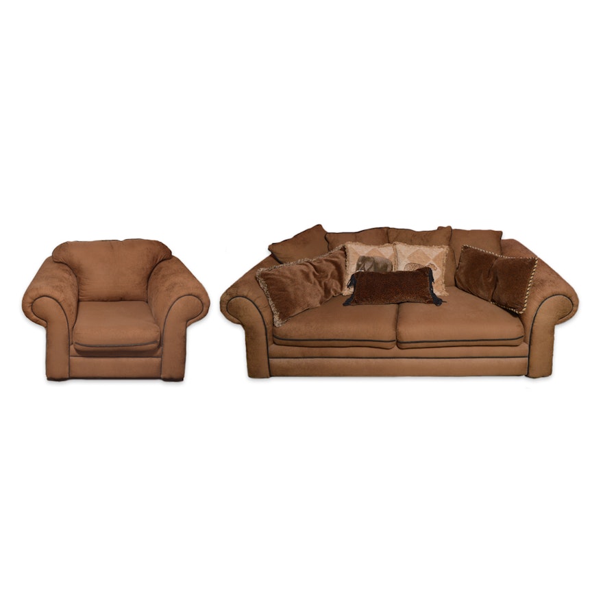 Brown Upholstered Sofa and Armchair