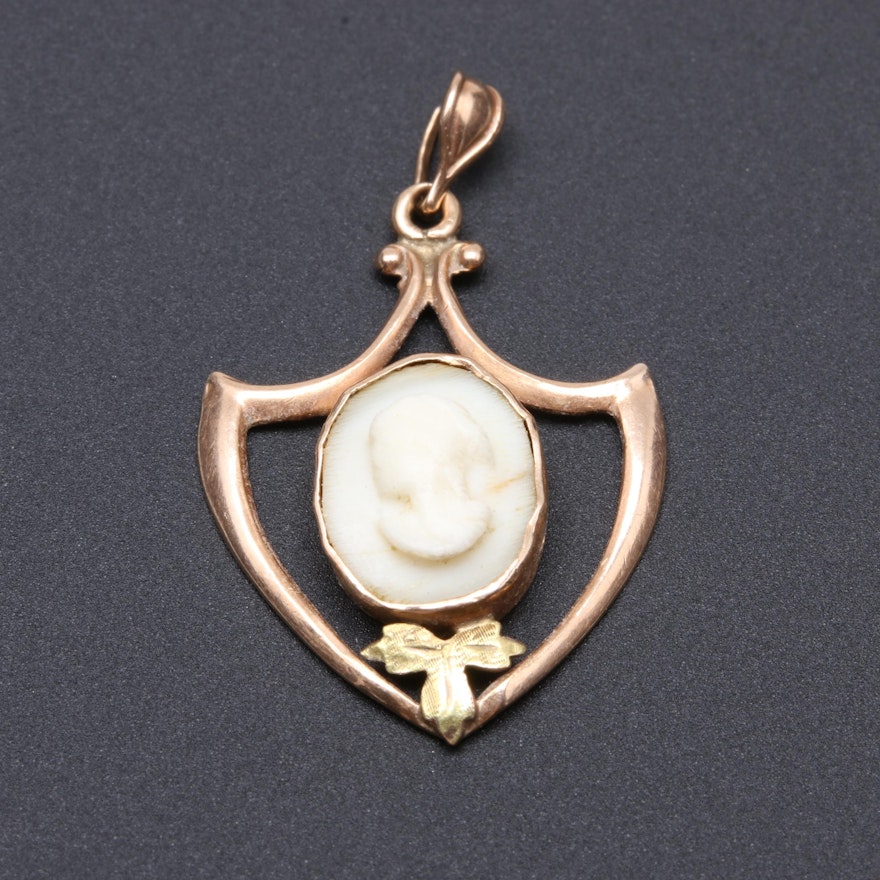 Antique 10K Yellow Gold Carved Shell Cameo Pendant