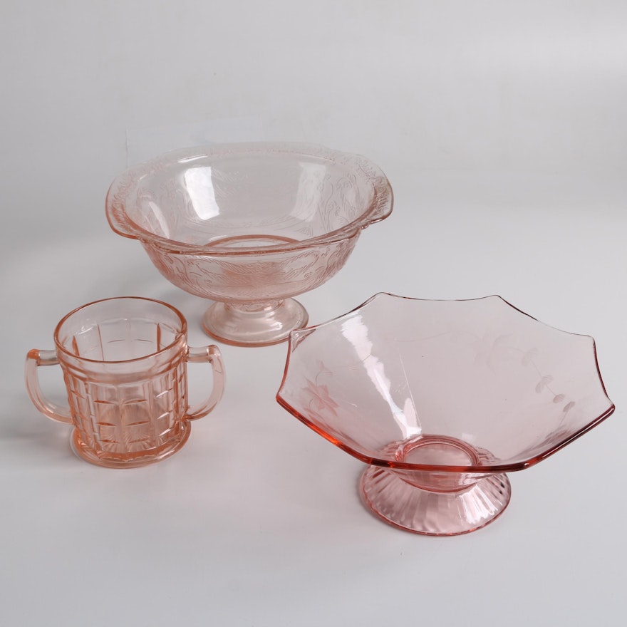 Hazel Atlas "Colonial Block" Pink Depression Glass Spooner with Compotes