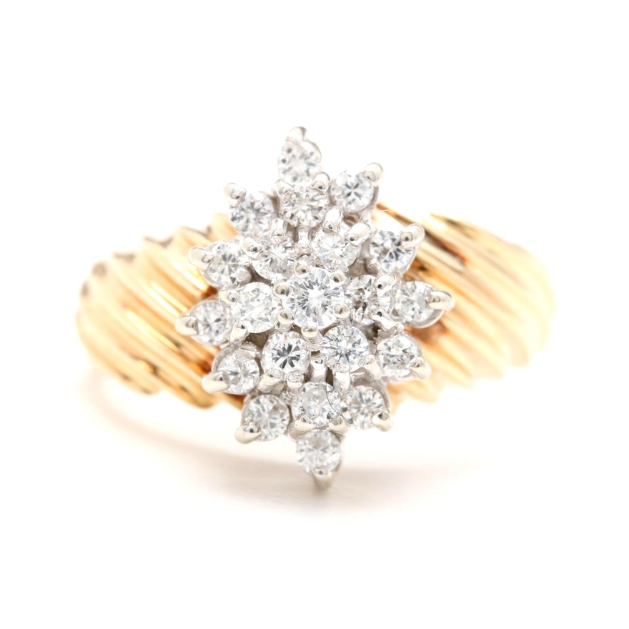 14K Yellow Gold Diamond Cluster Ring with 14K White Gold Accents