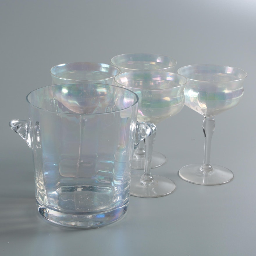 Vintage Fostoria "Mother of Pearl" Iridescent Champagne Coupes with Ice Bucket