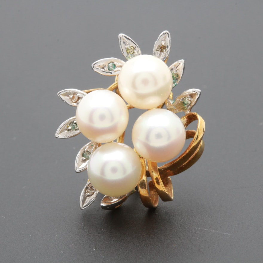 14K Yellow Gold Cultured Pearl and Diamond Earring with 14K White Gold Accent