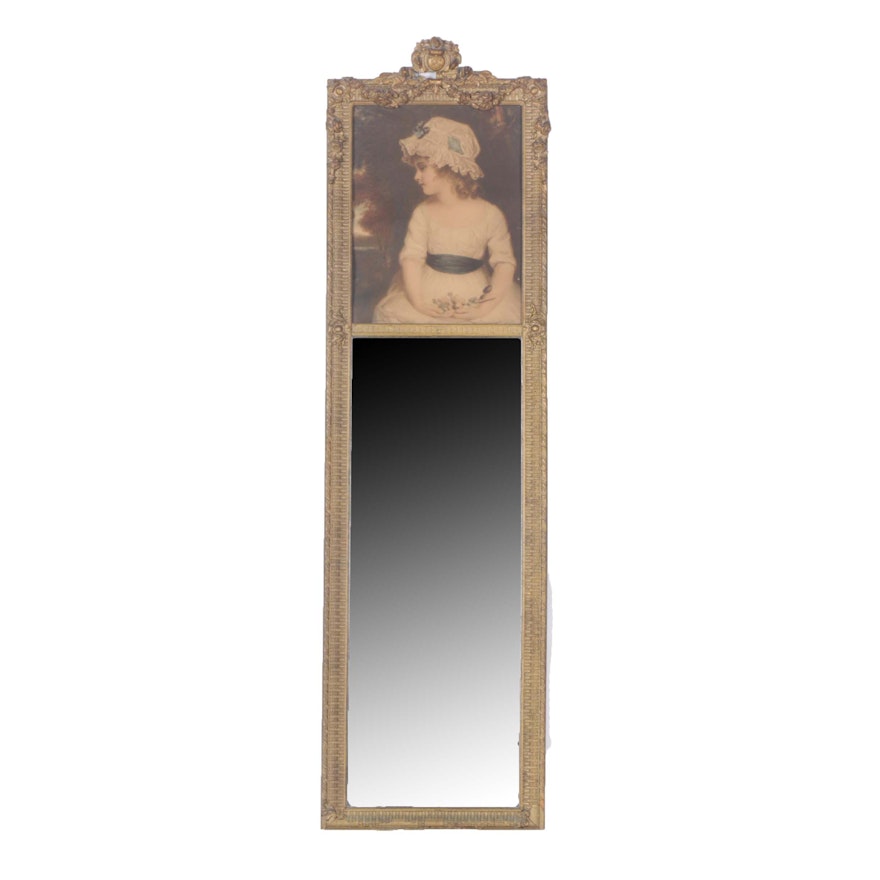 Vintage Giltwood Trumeau Mirror with 19th Century Style Portrait Under Glass