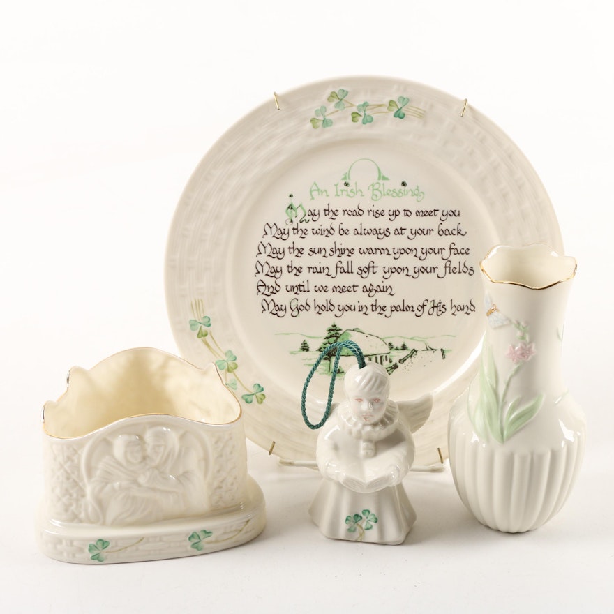 Irish Belleek Porcelain Vase, Plate, Ornament and Candle Holder