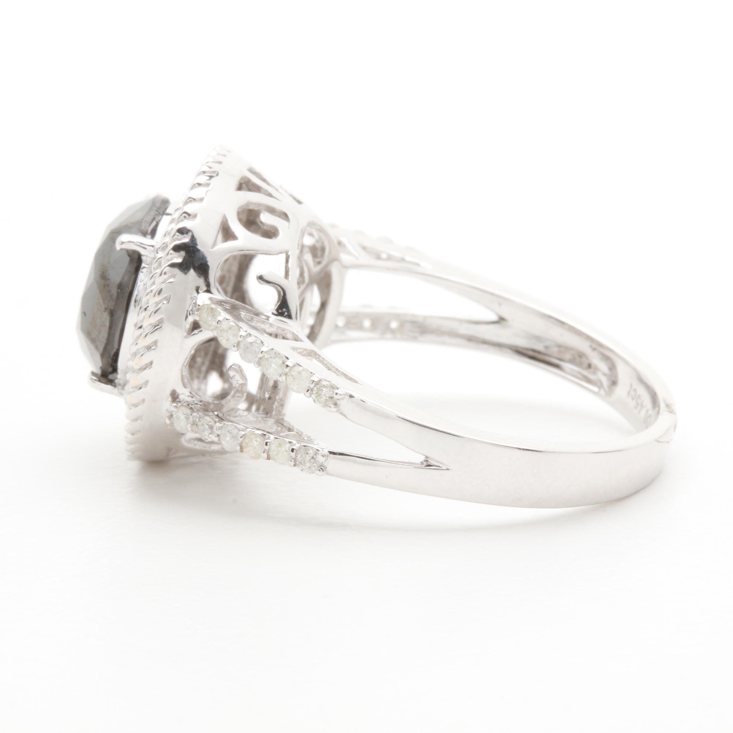 14K White Gold 4.29 CTW Black Diamond Ring with Diamond Accents