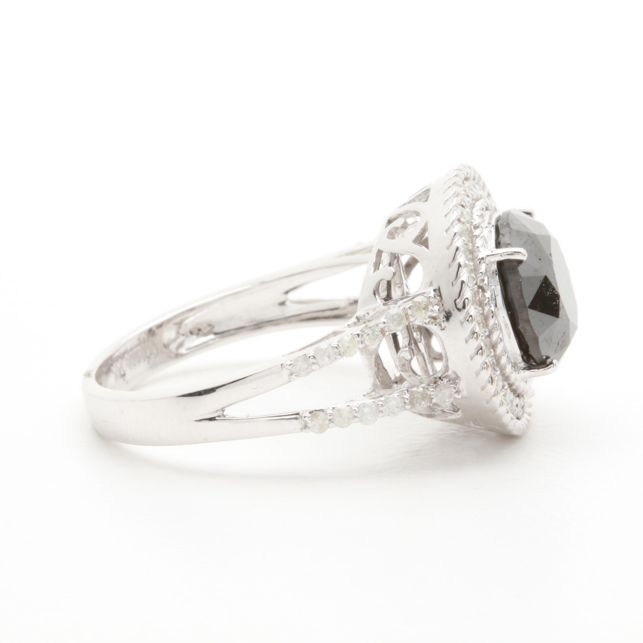 14K White Gold 4.29 CTW Black Diamond Ring with Diamond Accents
