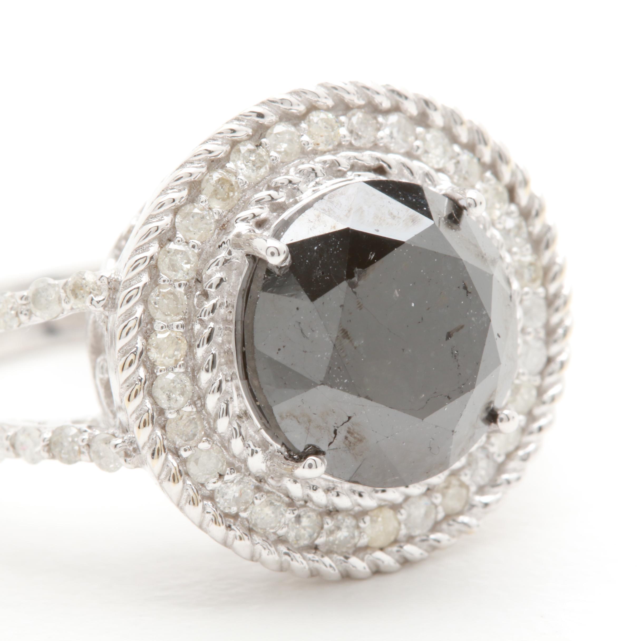 14K White Gold 4.29 CTW Black Diamond Ring with Diamond Accents