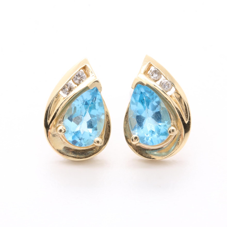 10K Yellow Gold Blue Topaz and Diamond Earrings