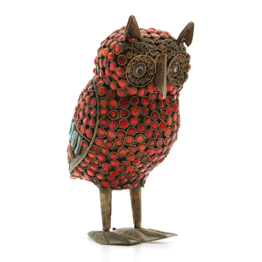 Tibetan Coral and Turquoise Owl Sculpture