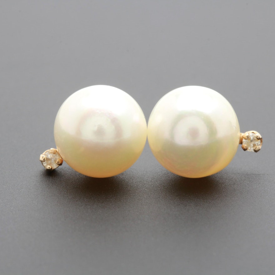 14K Yellow Gold Cultured Pearl and Diamond Earrings