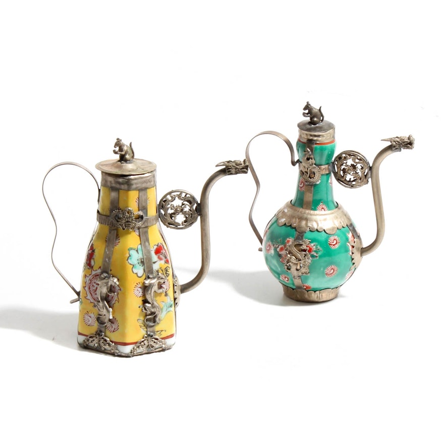 Tibetan Tea Pots in Porcelain and Silver Plated Metal