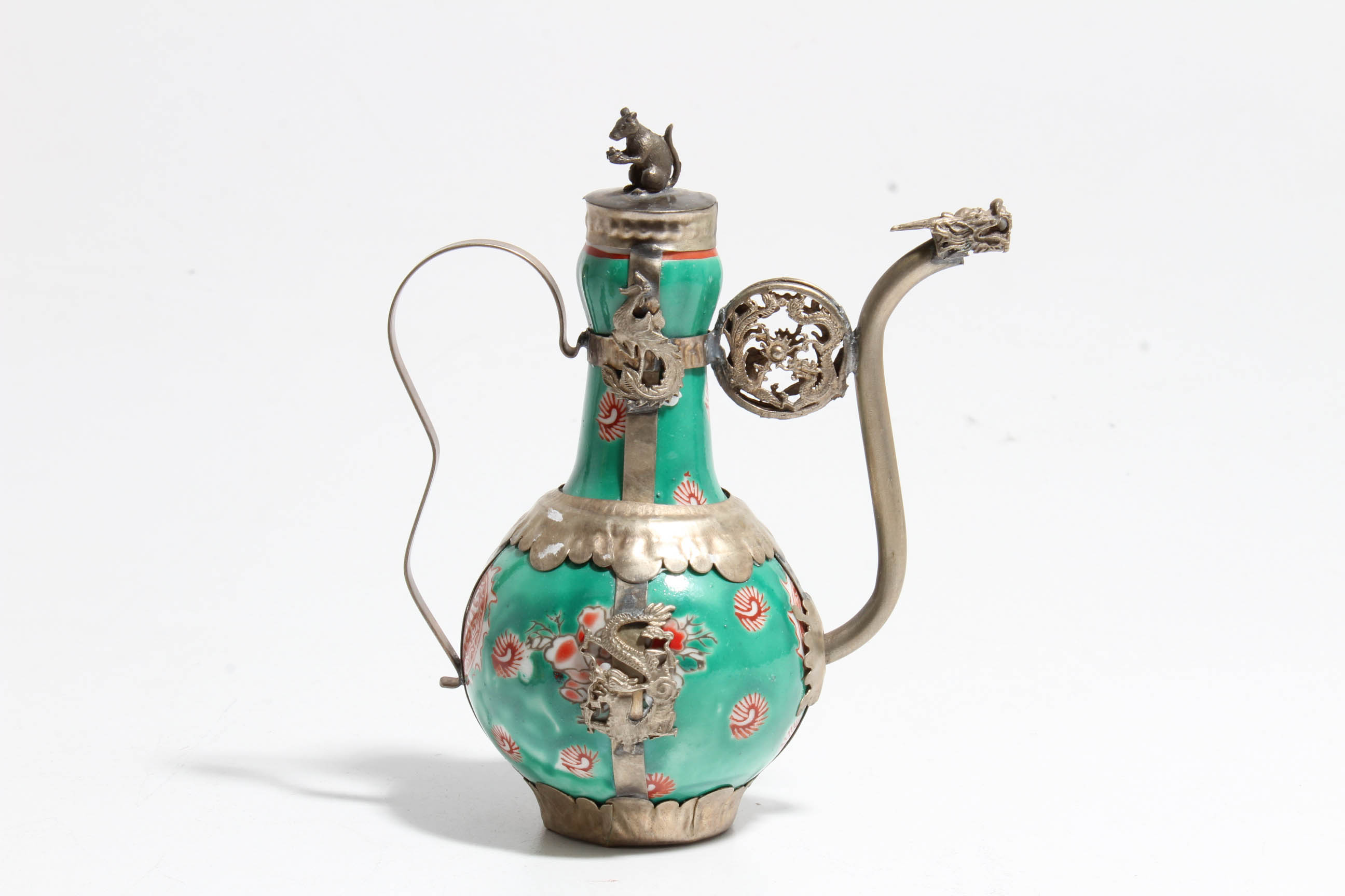 Tibetan Tea Pots in Porcelain and Silver Plated Metal