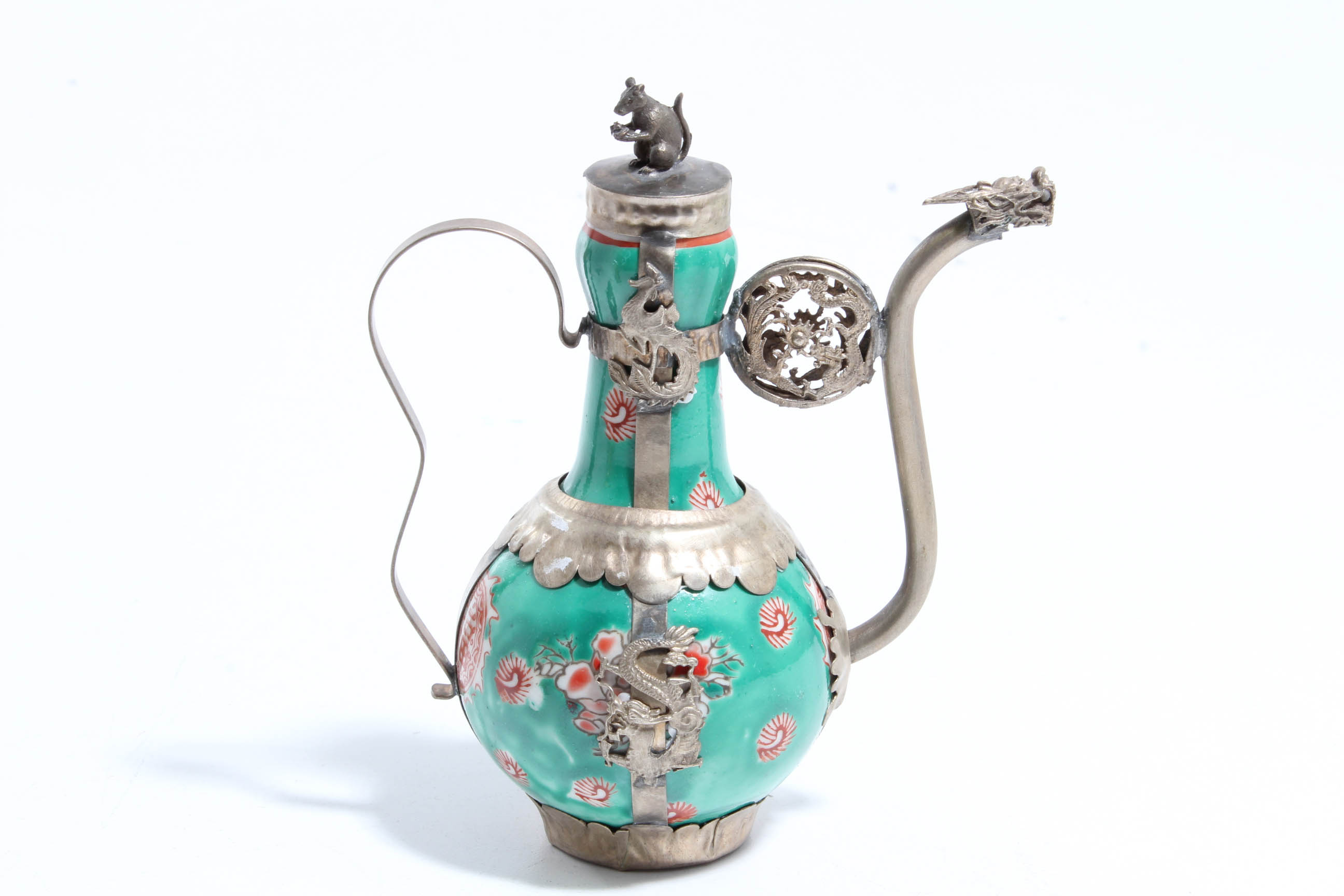 Tibetan Tea Pots in Porcelain and Silver Plated Metal