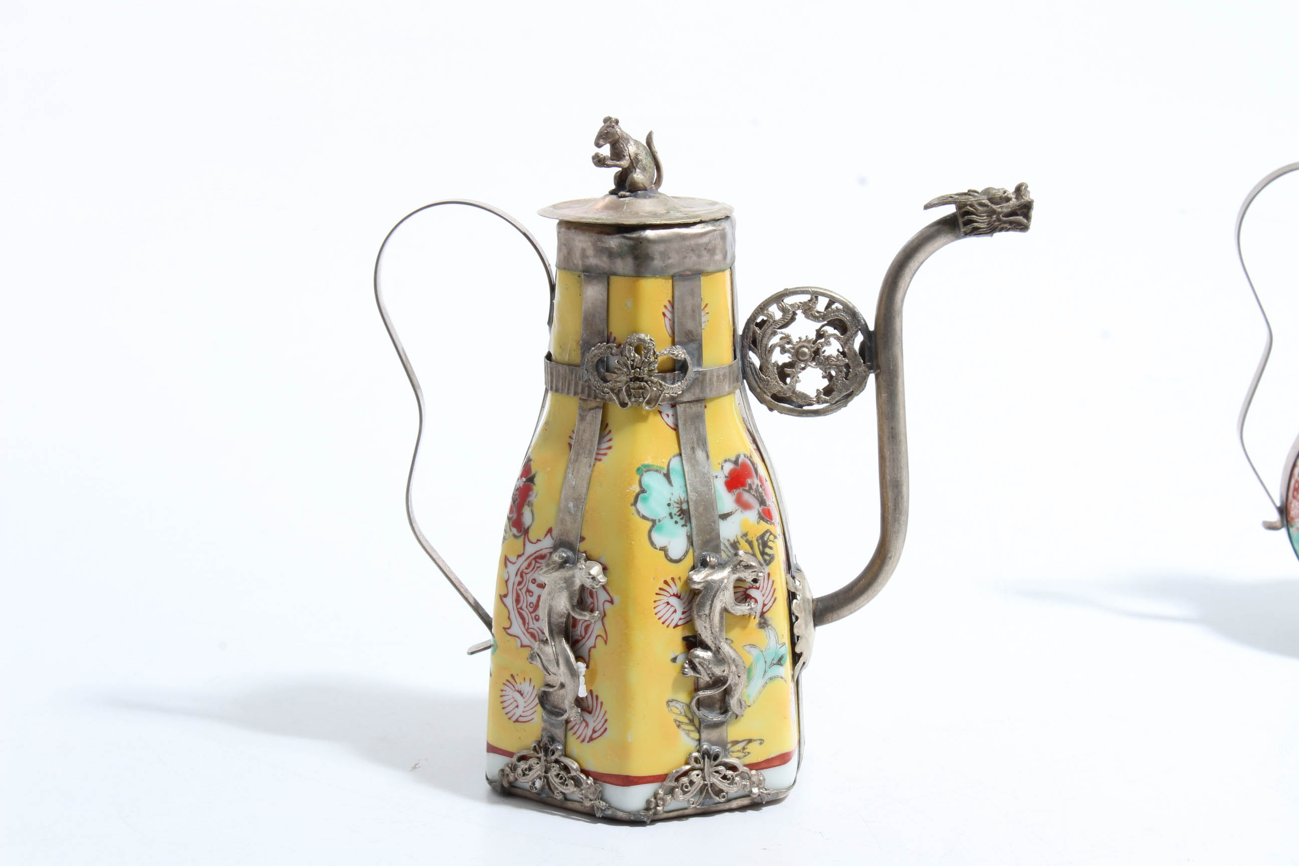 Tibetan Tea Pots in Porcelain and Silver Plated Metal