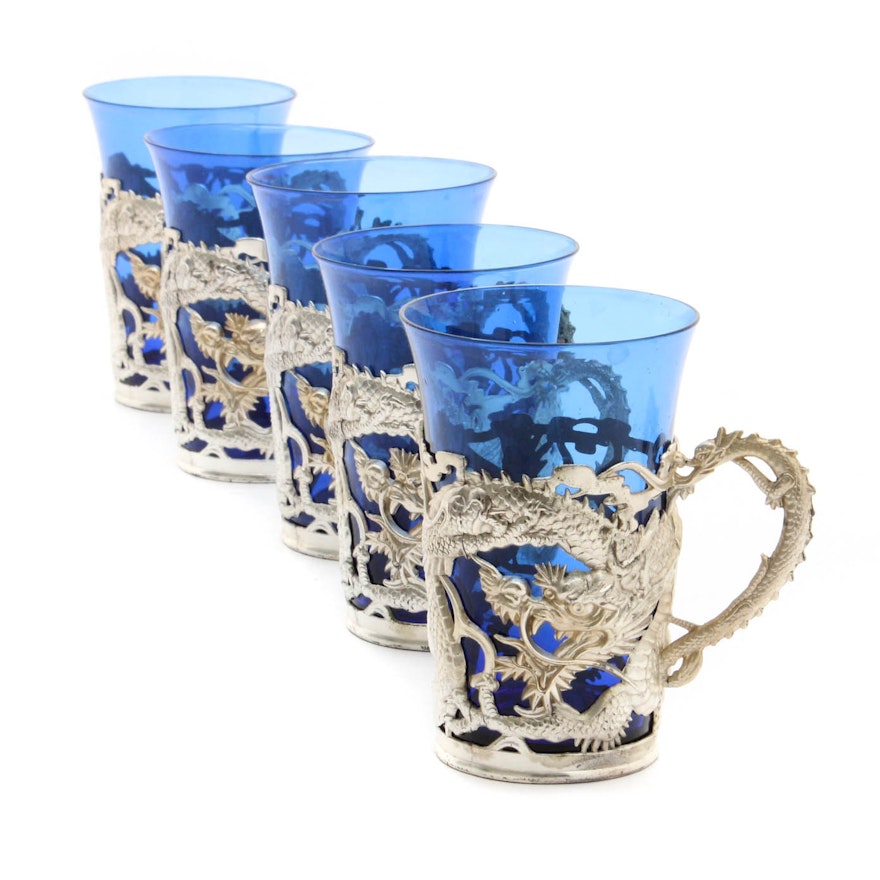 Chinese Dragon Motif Mugs with Blue Glass Liners