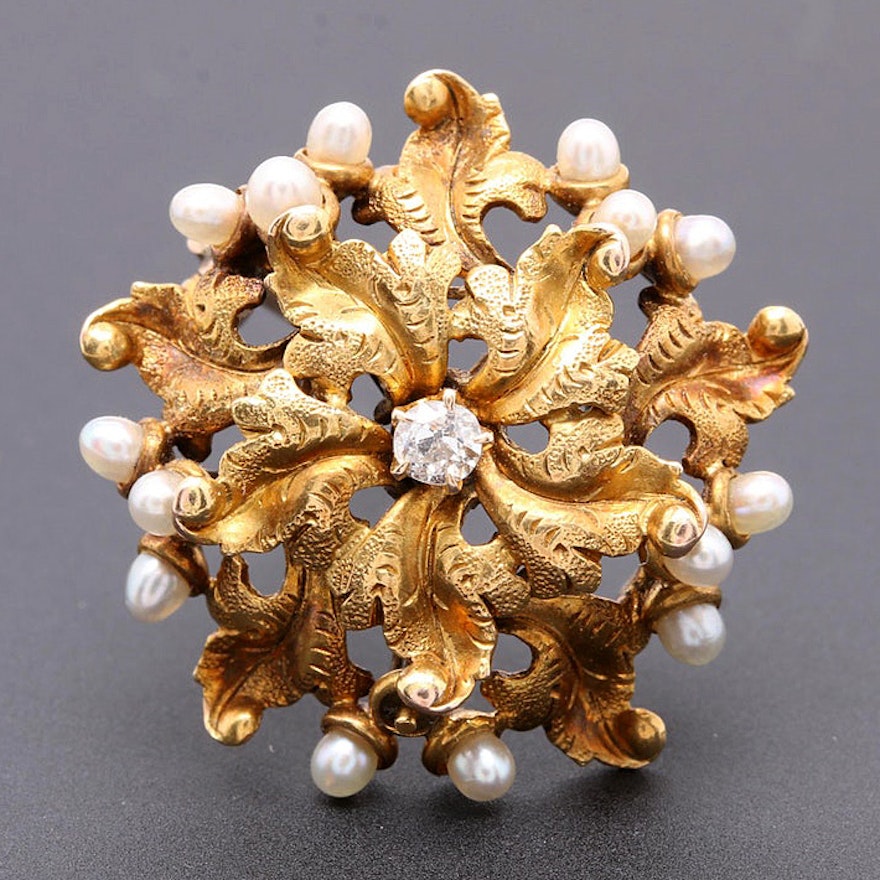 Victorian 14K Yellow Gold Diamond and Cultured Pearl Brooch