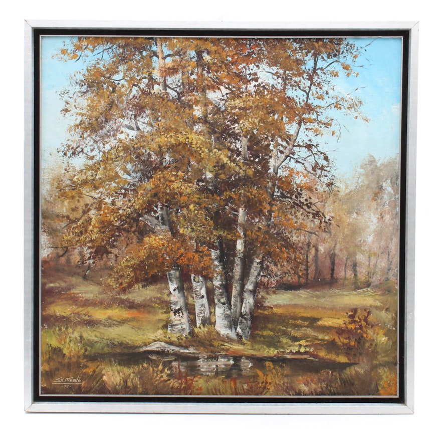Vintage Sandra Meade "Canoe Birch in the Fall" Oil Painting