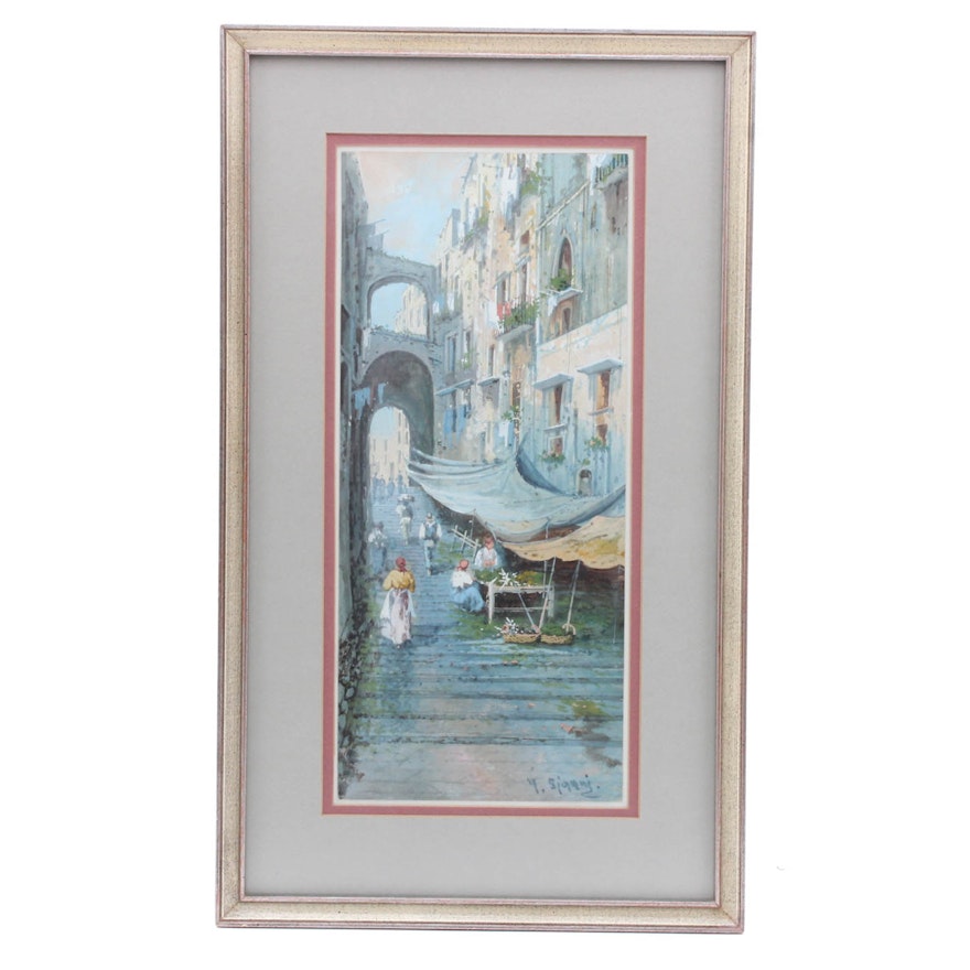 Signed Mediterranean Cityscape Watercolor and Gouache Painting