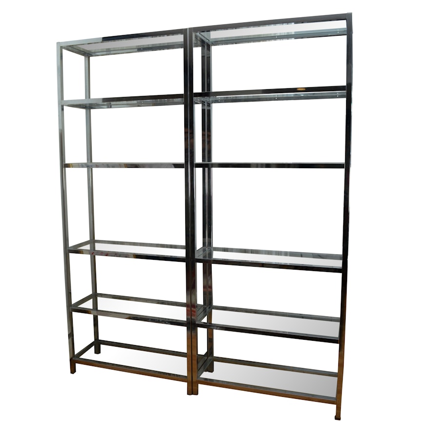 Mid Century Modern-Style Chrome Finished Metal and Glass Shelving Units