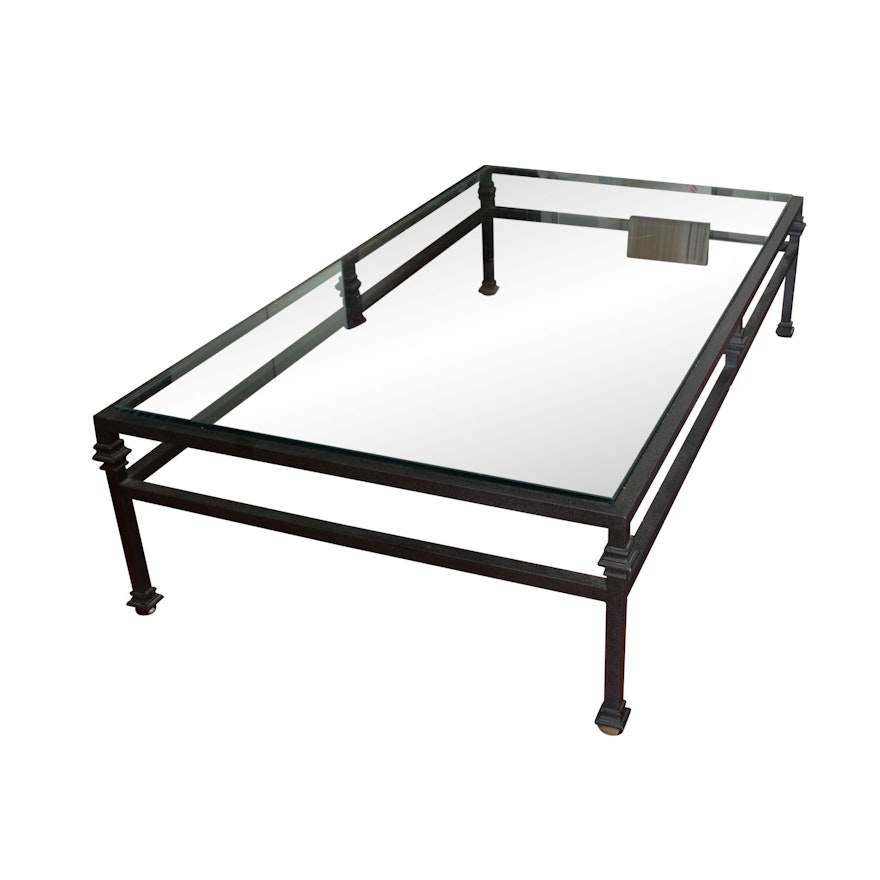 Rectangular Glass Top Coffee Table With Textured Metal Base