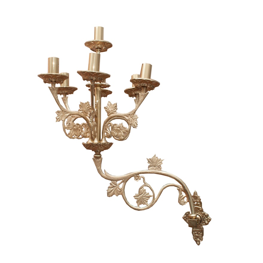 Ornate Leaf Brass Candelabra Wall Sconce