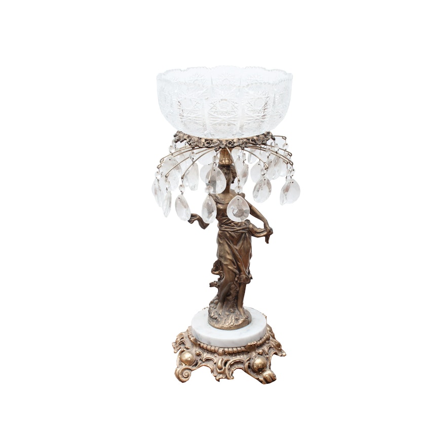 Vintage Figural Brass and Glass Compote with White Marble Base