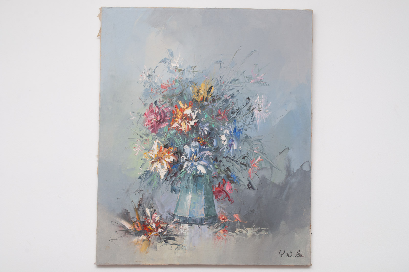 Y.W. Lee Original Oil Painting on Canvas of Floral Still Life