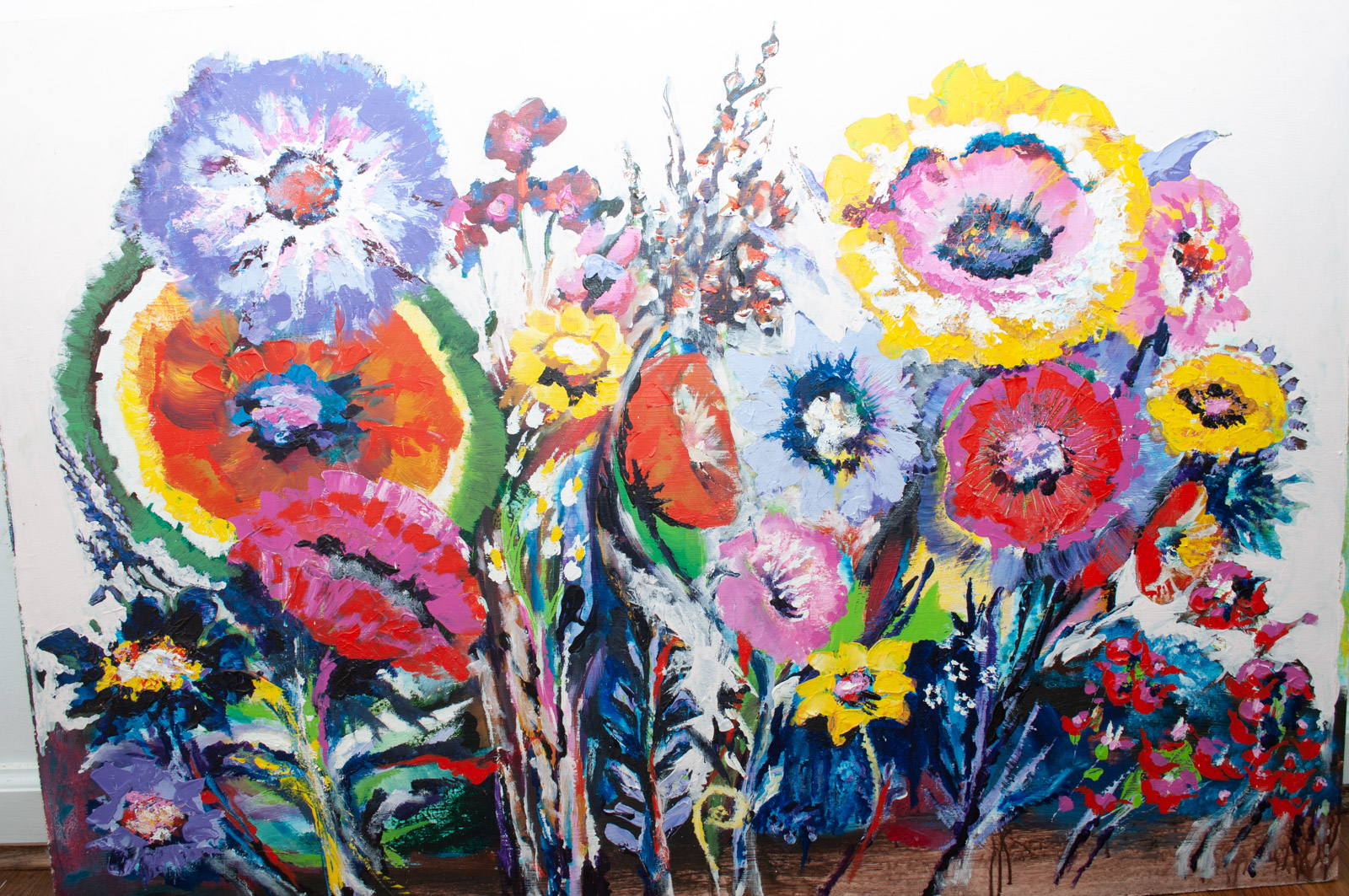 Substantial Original Acrylic Painting on Board of Poppies