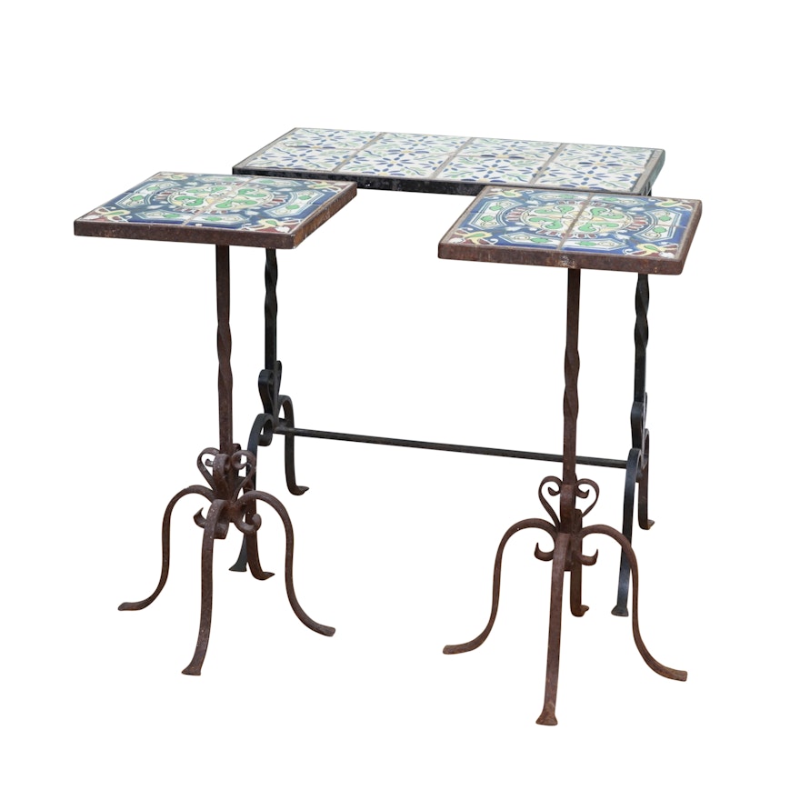 Wrought Iron Accent Tables with Hand-Painted Ceramic Tile Tops