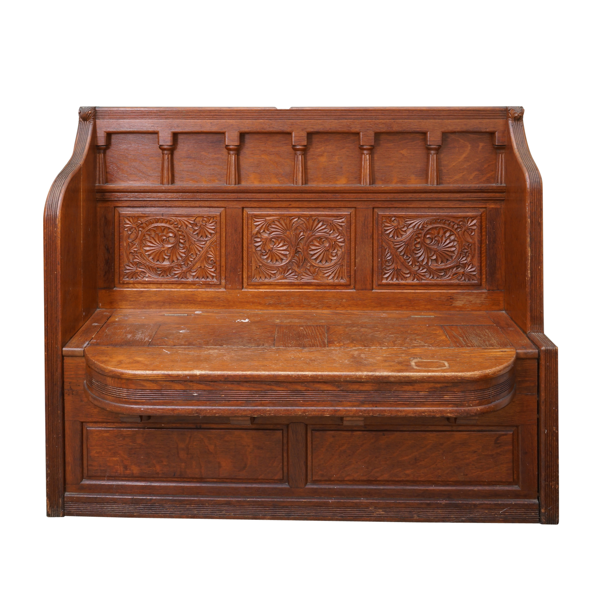 Antique Arts & Crafts Carved Oak Entryway Bench