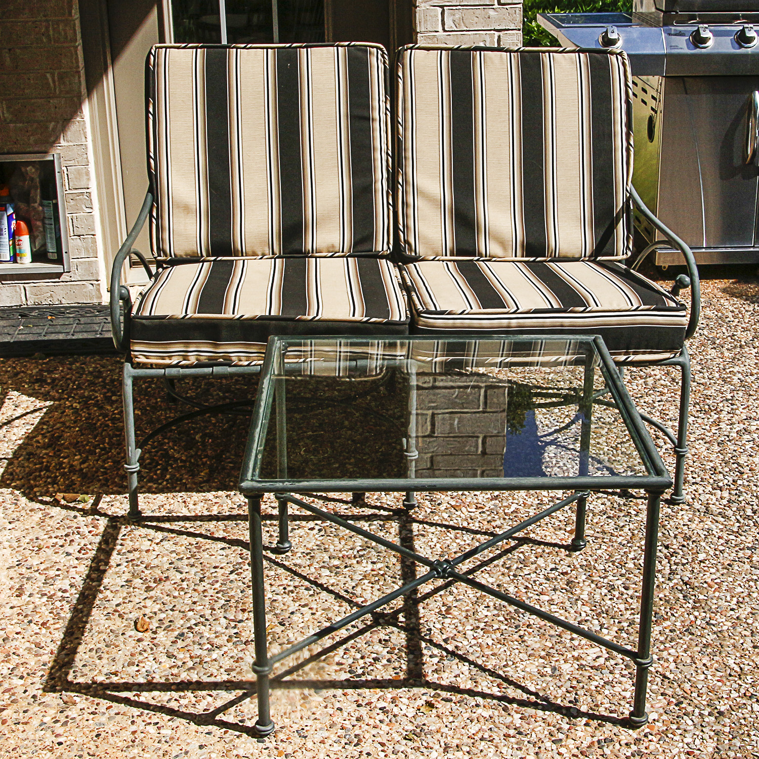 Brown Jordan Metal Frame Patio Loveseat and Glass Top Table
