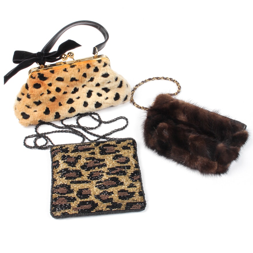 Handbag Collection Including Mink Fur, Faux Leopard and Beaded Bags