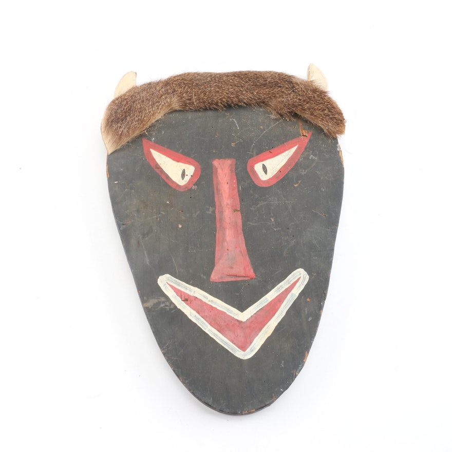 Hand Painted Wood and Fur Wall Mask