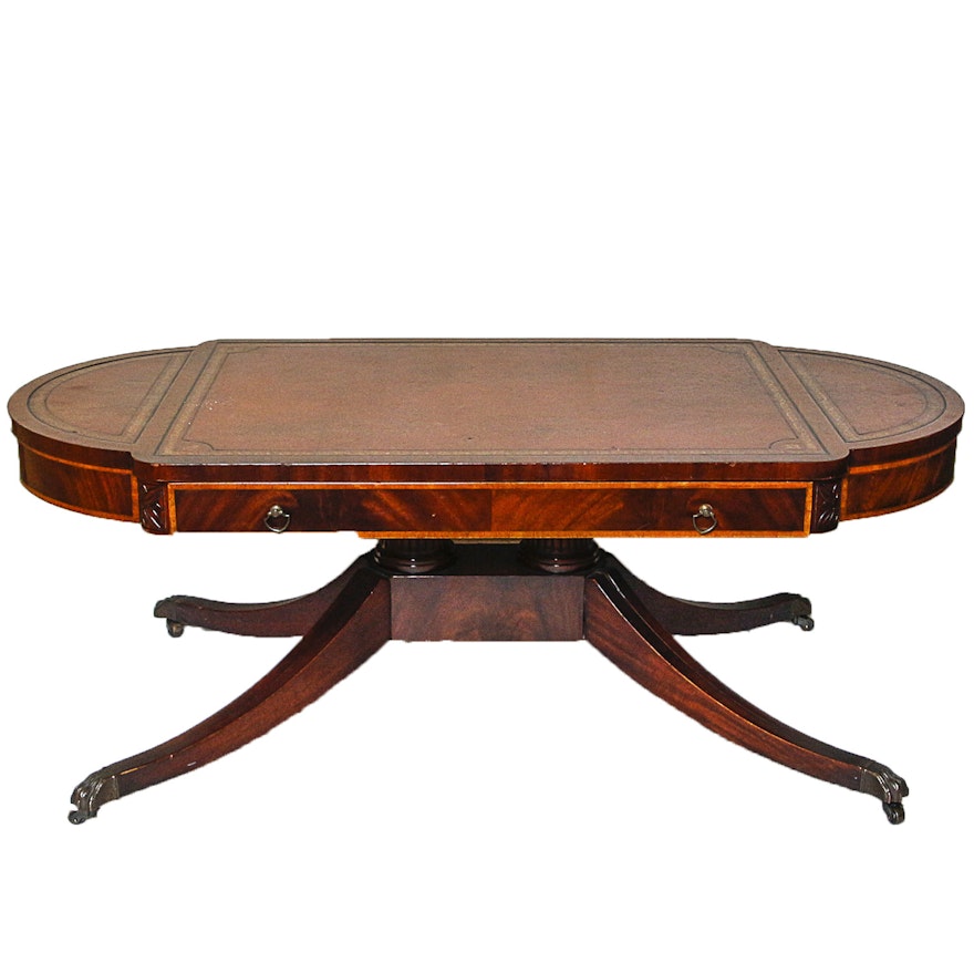 Vintage Duncan Phyfe Style Oval Coffee Table with Leather Inlay