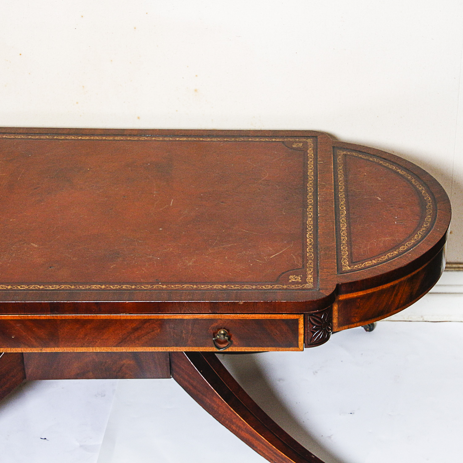 Vintage Duncan Phyfe Style Oval Coffee Table with Leather Inlay