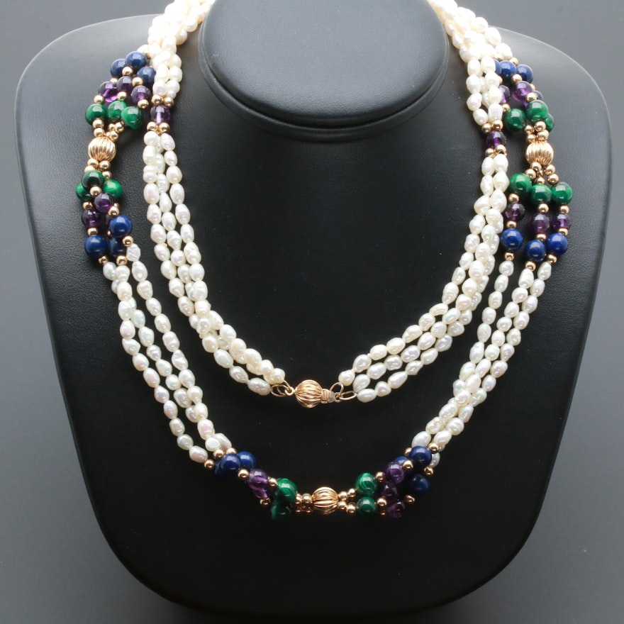 14K Yellow Gold Pearl Necklace with Amethyst, Malachite and Lapis Lazuli