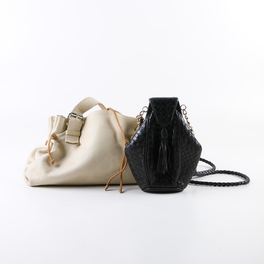 Leather Handbags Including Carla Mancini Satchel and Black Woven Frame Bag