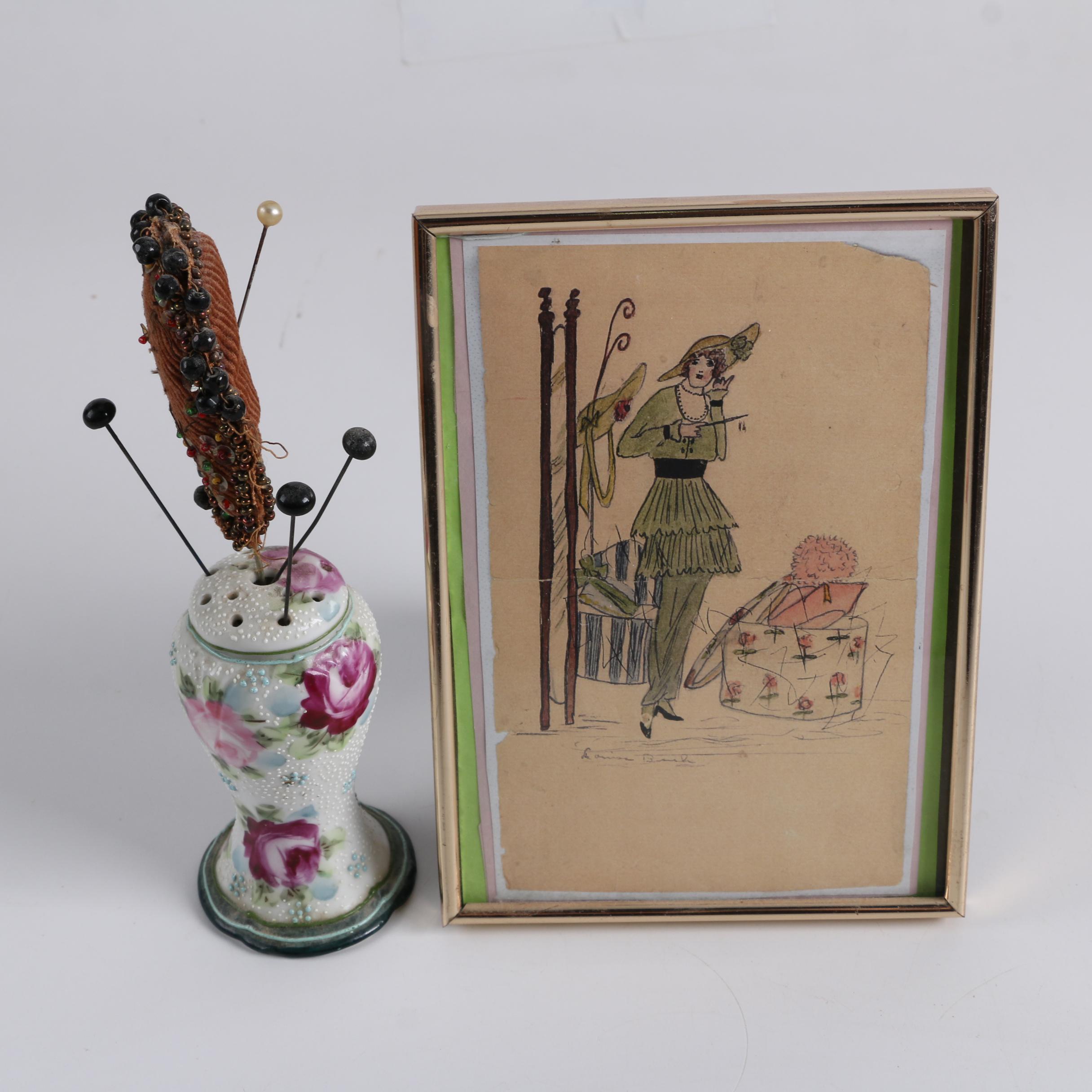 Reproduction Fashion Print and Porcelain Hat Pin Holder