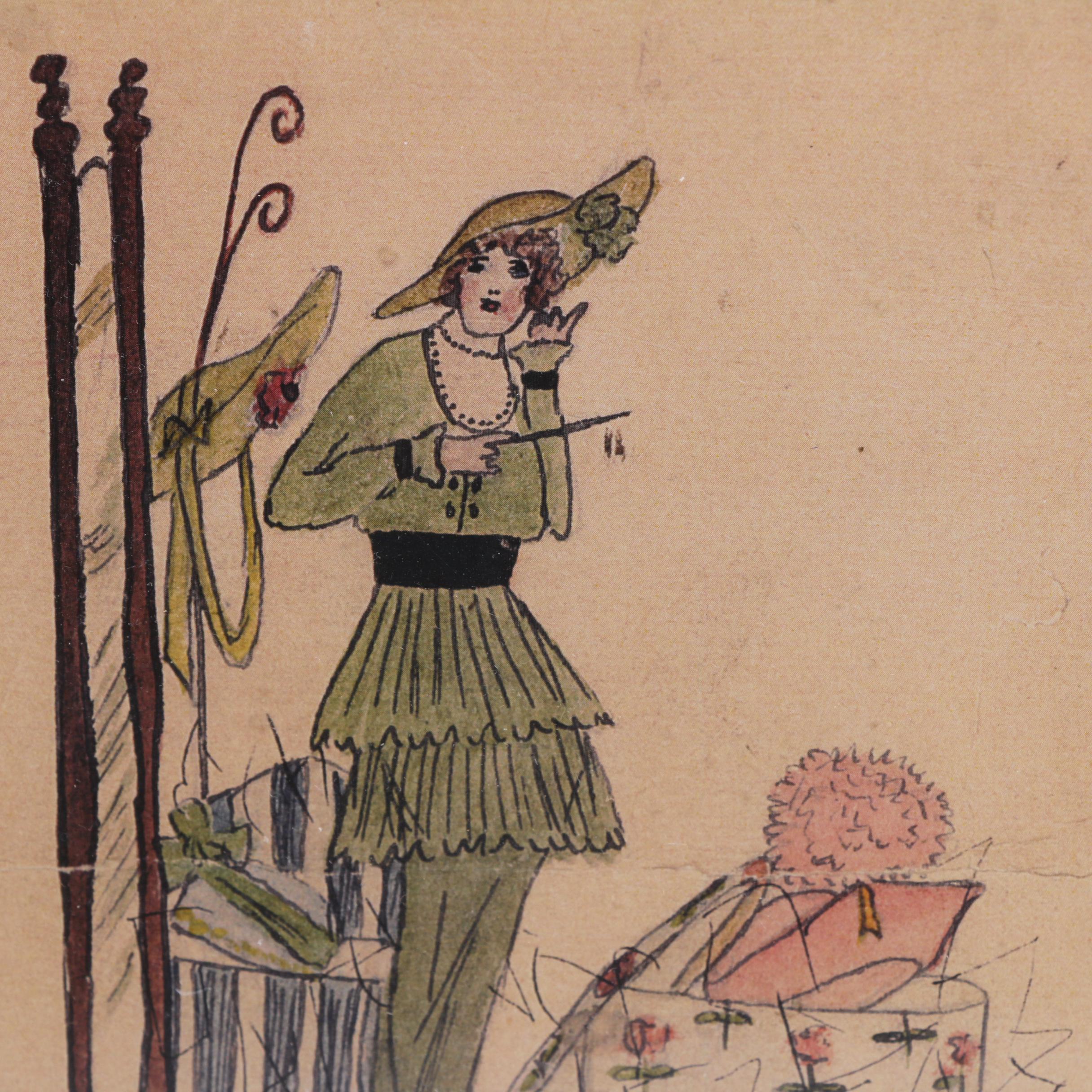 Reproduction Fashion Print and Porcelain Hat Pin Holder