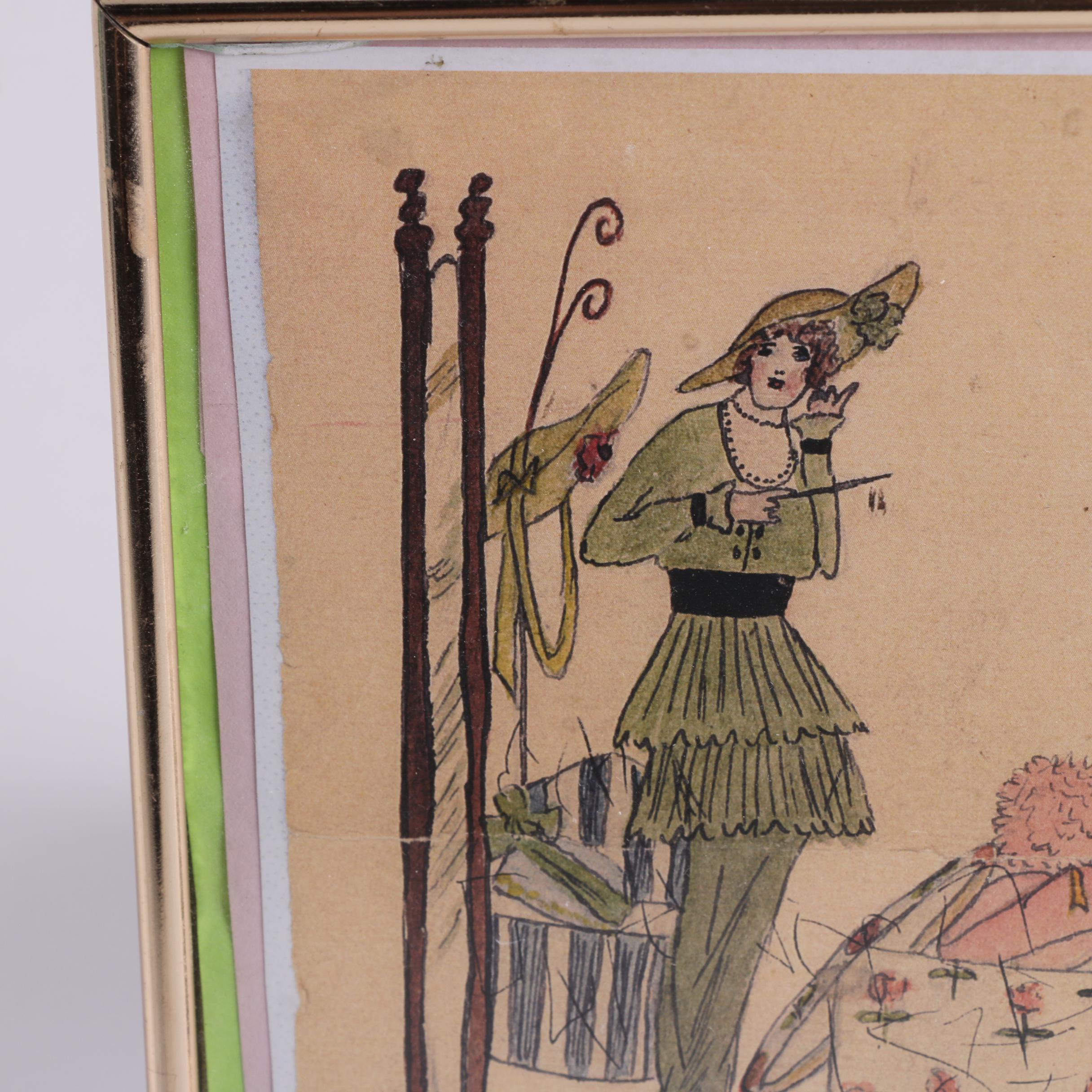 Reproduction Fashion Print and Porcelain Hat Pin Holder