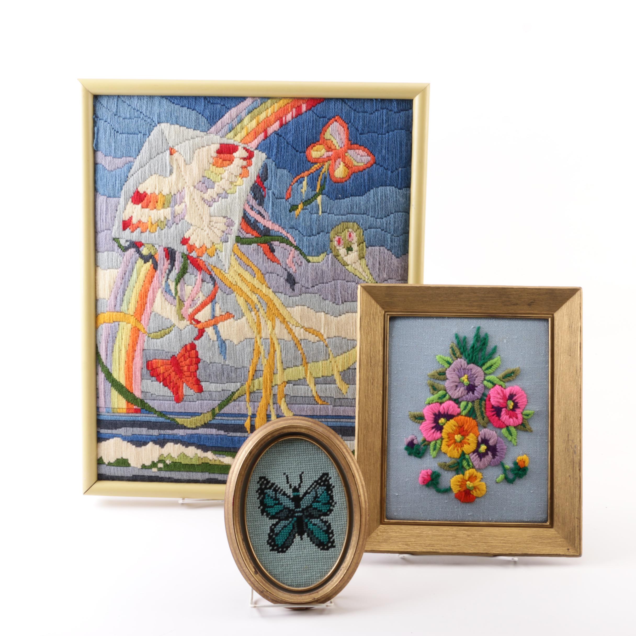 Signed Needlepoint Butterfly and Framed Embroidery Kite Scene and Flowers