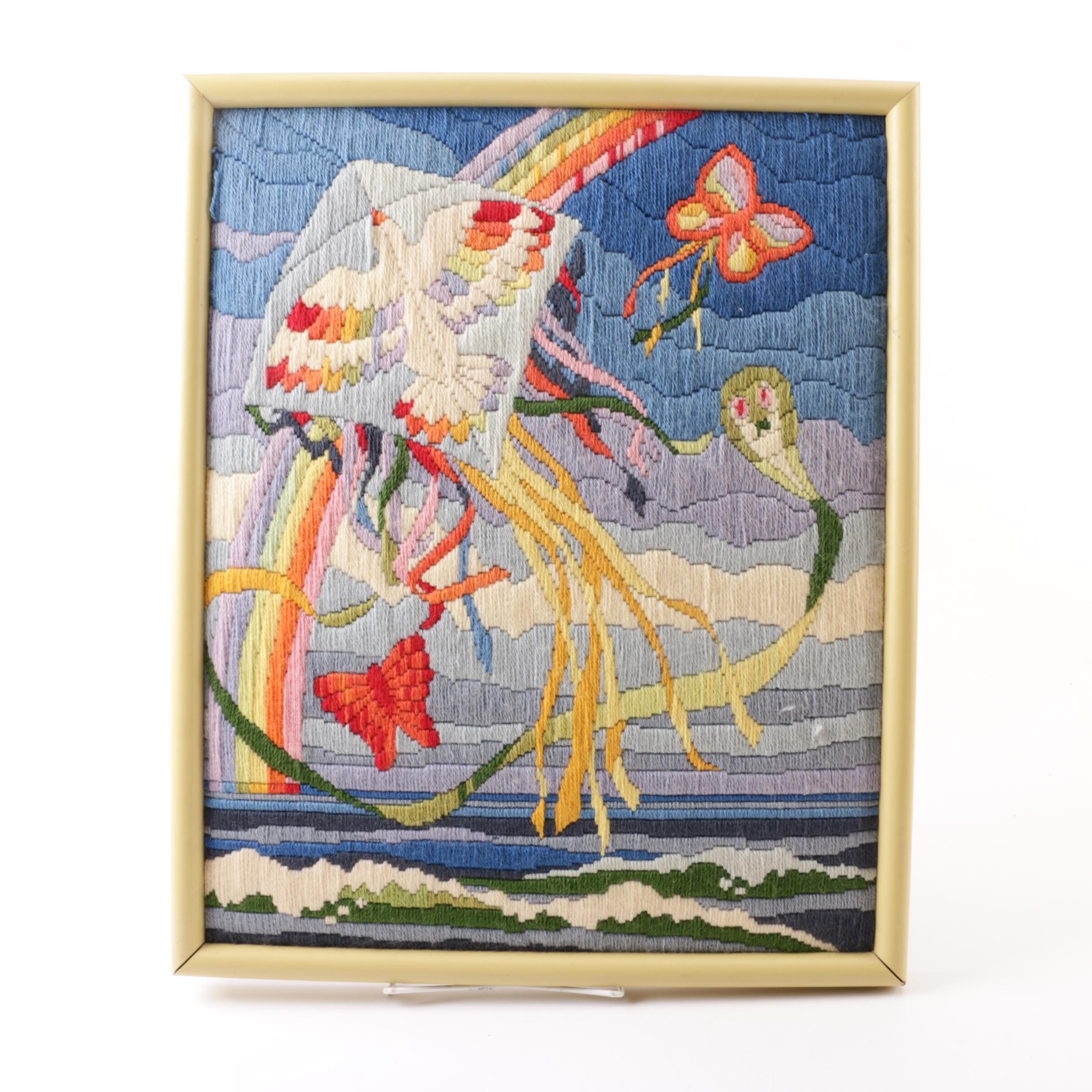 Signed Needlepoint Butterfly and Framed Embroidery Kite Scene and Flowers