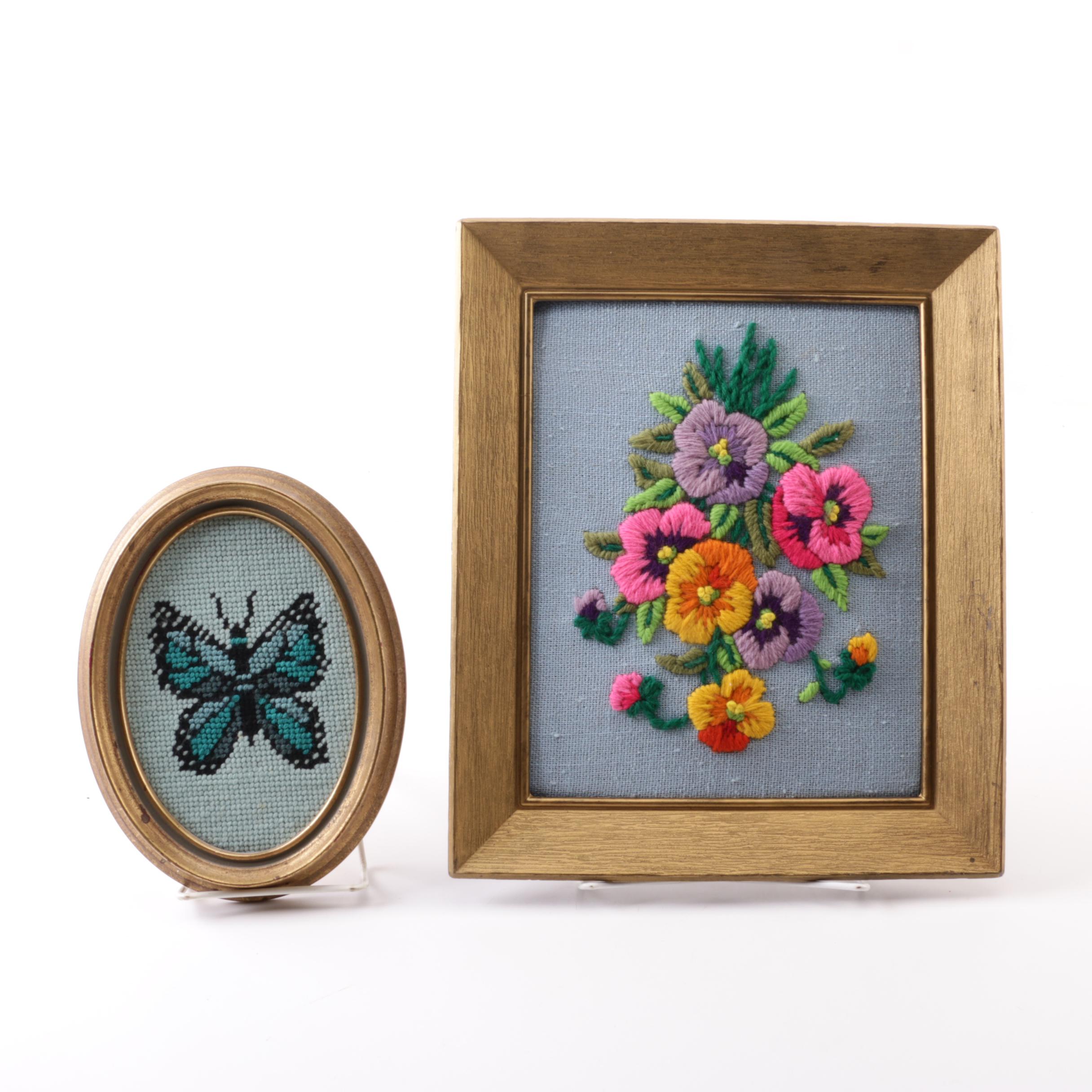 Signed Needlepoint Butterfly and Framed Embroidery Kite Scene and Flowers