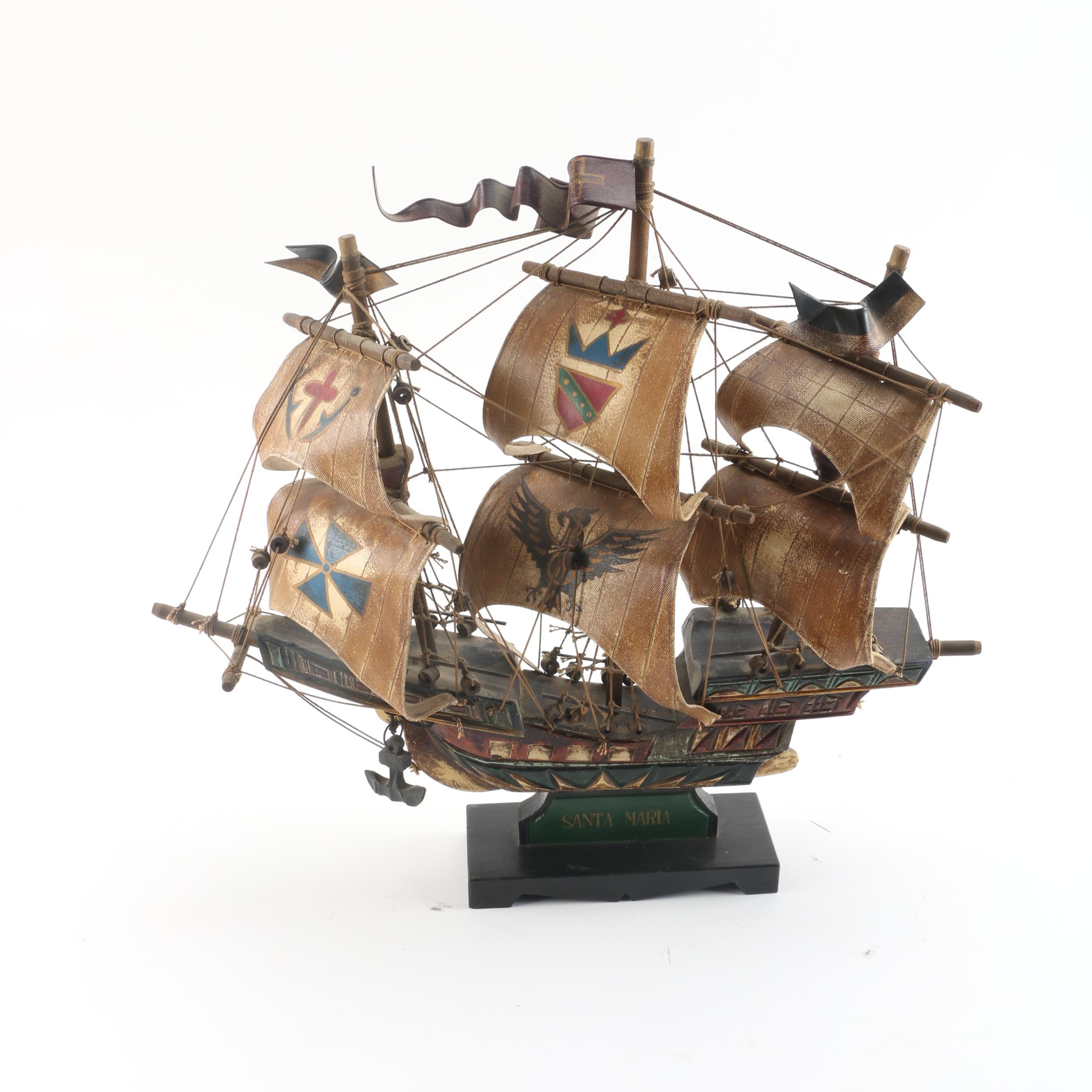 Vintage Santa Maria Wooden Ship Model with Canvas Sails