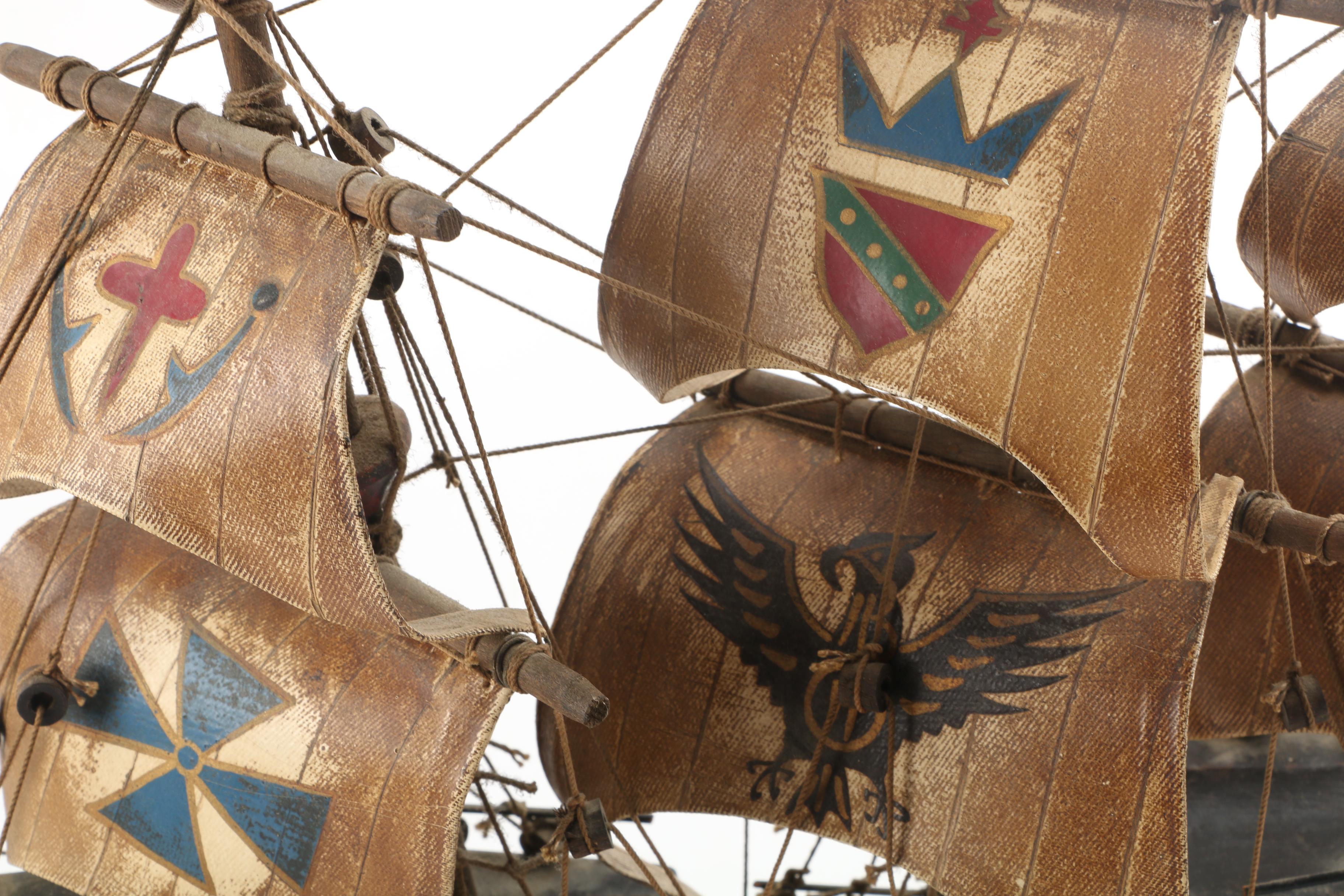 Vintage Santa Maria Wooden Ship Model with Canvas Sails