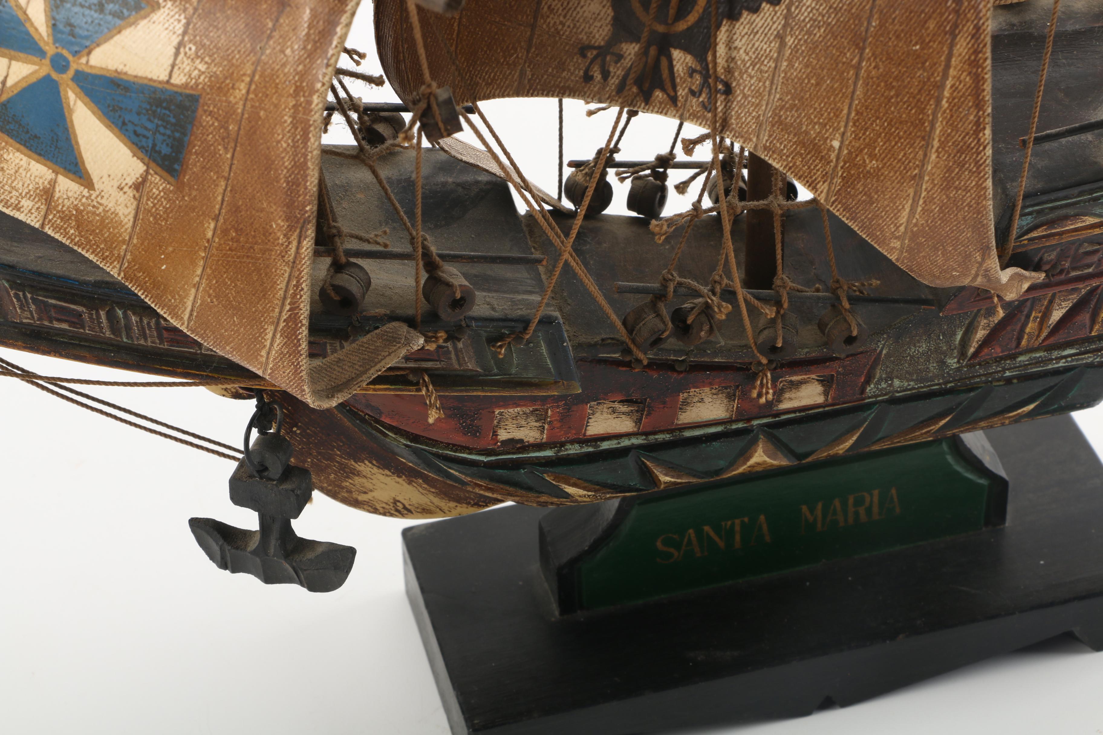 Vintage Santa Maria Wooden Ship Model with Canvas Sails