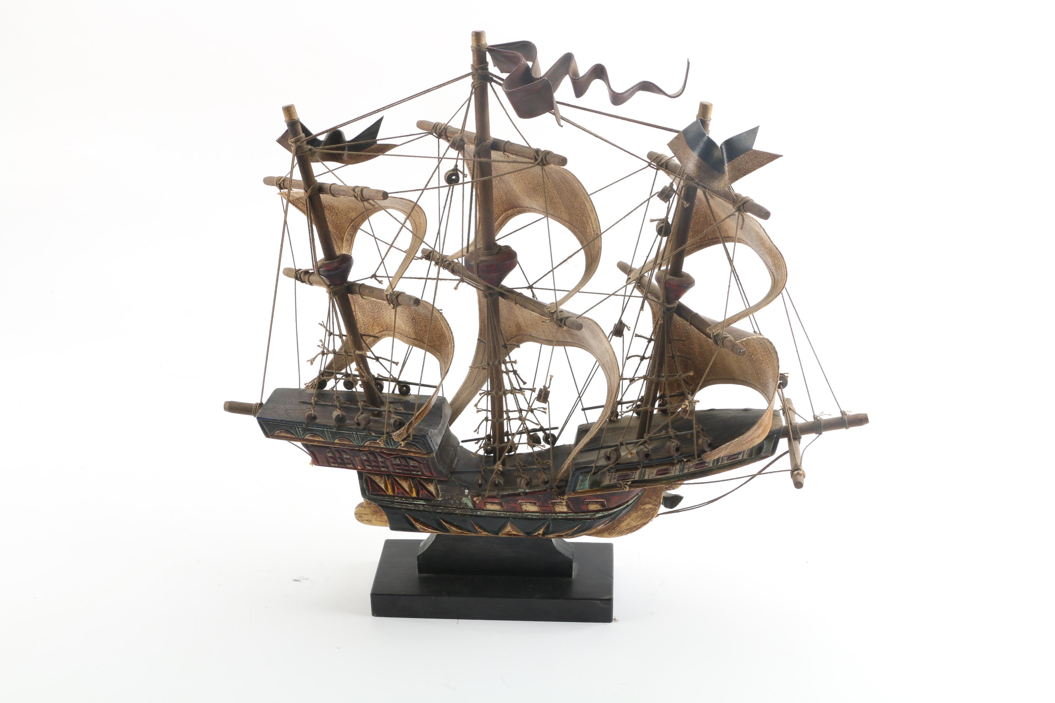 Vintage Santa Maria Wooden Ship Model with Canvas Sails